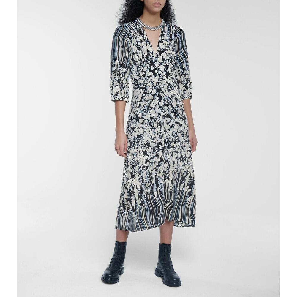 Dorothee Schumacher Burning Love Silk Midi Dress Floral | Blue White Black| SZ M